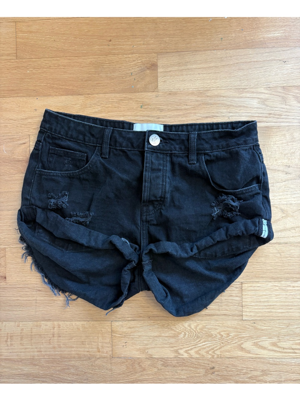 One Teaspoon Black Distressed Rolled Hem Denim Shorts